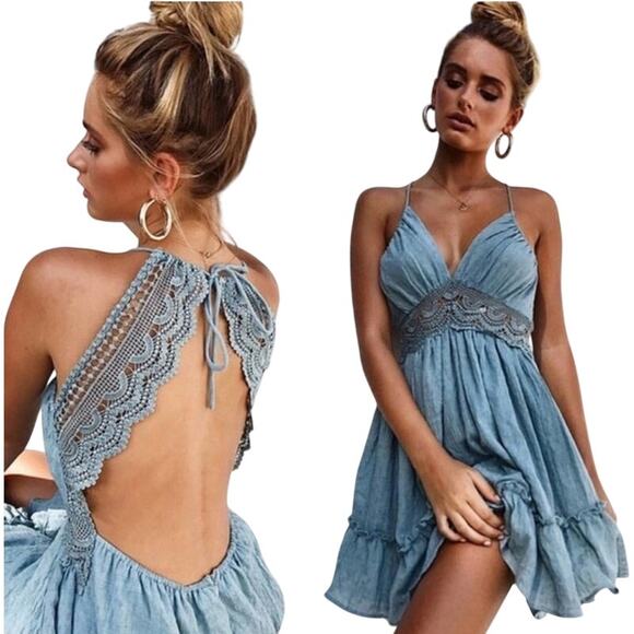 Hello Molly Crochet Detail Mini Swing Dress Halter Open Back V Neck Turquoise XS - Picture 1 of 9